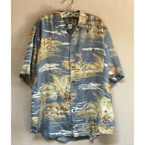 Silk Uomo Mens Large Palm Tree Casual Button Up Hawaiian Shirt Short Sleeve Blue
